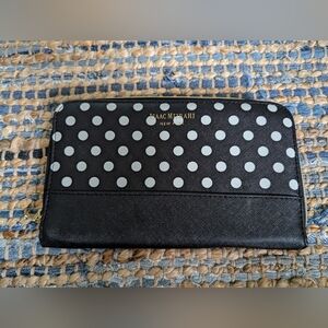 Issac Mizrahi Polka Dot Bag Clutch Black White Zip Up Inner Zip Pocket Makeup Ba